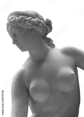 White marble sculpture head of young woman. Statue of sensual renaissance art era naked woman in circlet antique style isolated on white background