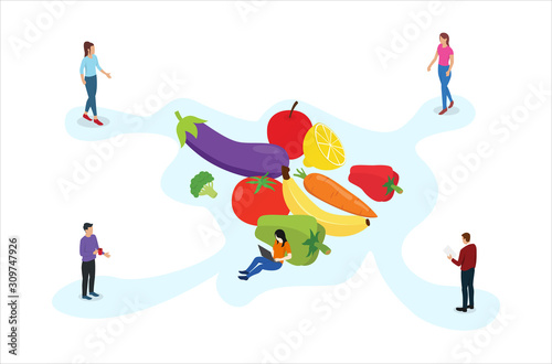 heathy fruit and vegetables with people and modern isometric style with white background - vector