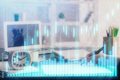 Financial graph displayed on woman s hand taking notes background. Concept of research. Multi exposure