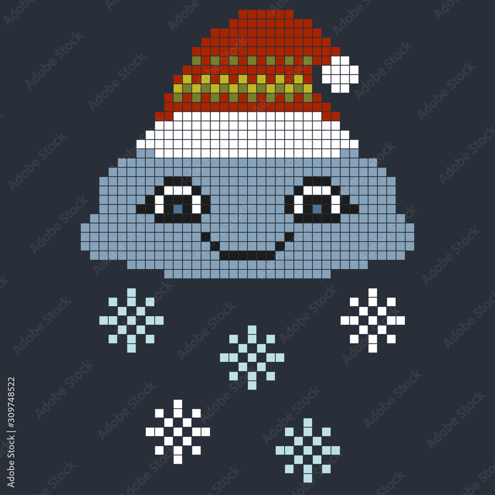Fototapeta premium Cartoon pixel cloud in a red hat with snowflakes.Winter seasonal element of snowy weather. Vector illustration for New Year and Christmas on blue background. Old games. 8 bit. Pixel art.