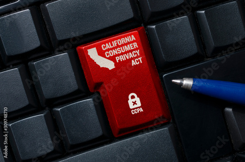 CCPA concept: a black computer keyword with a lock, a California shape and the text California consumer privacy act