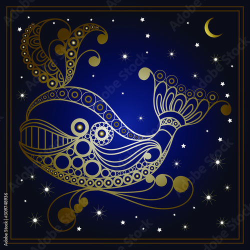 Decorative zodiac sign Cetus (Cet). Horoscope and astrology (astronomy)-symbol. Vector illustration.