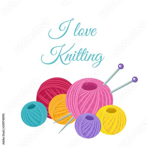 Knitting concept. Vector illustration of colored balls of yarn and knitting needles isolated on white background. Skeins of thread in cartoon flat style. Craft, handmade banner.