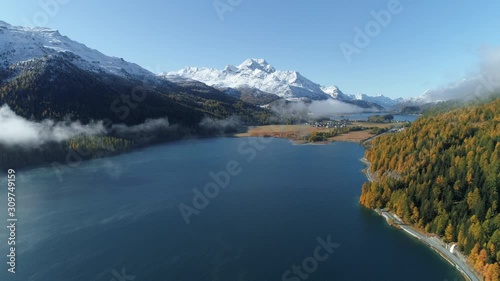 Aerial view of Lake Silvaplana, Graubuenden, Switzerland photo