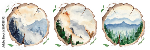 Photography watercolor landscape with pine and fir trees and mountains abstract nature backg