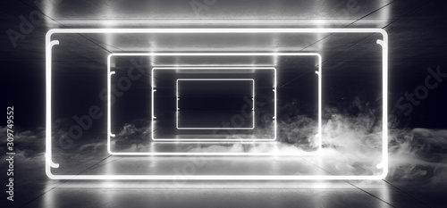 Fototapeta Naklejka Na Ścianę i Meble -  Smoke Fog Mist Sci Fi Futuristic Alien Spaceship Rectangle Laser Neon White Glowing TUnnel Corridor Garage Underground Reflective Grunge Concrete 3D Rendering