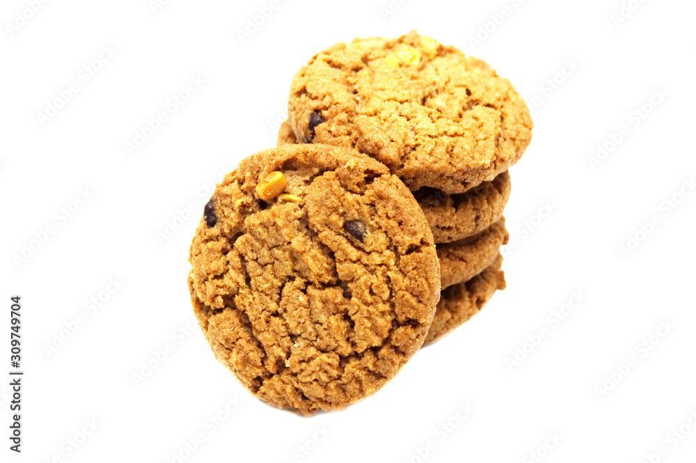 Biscuit with chocolate chip butter,Cashew nut and honey flavored. A stack of crunchy delicious sweet meal and useful cookie. Isolated on white background. Biscuit with chocolate chip butter,Cashew nut and honey flavored. A stack of crunchy delicious sweet meal and useful cookie. Isolated on white background.