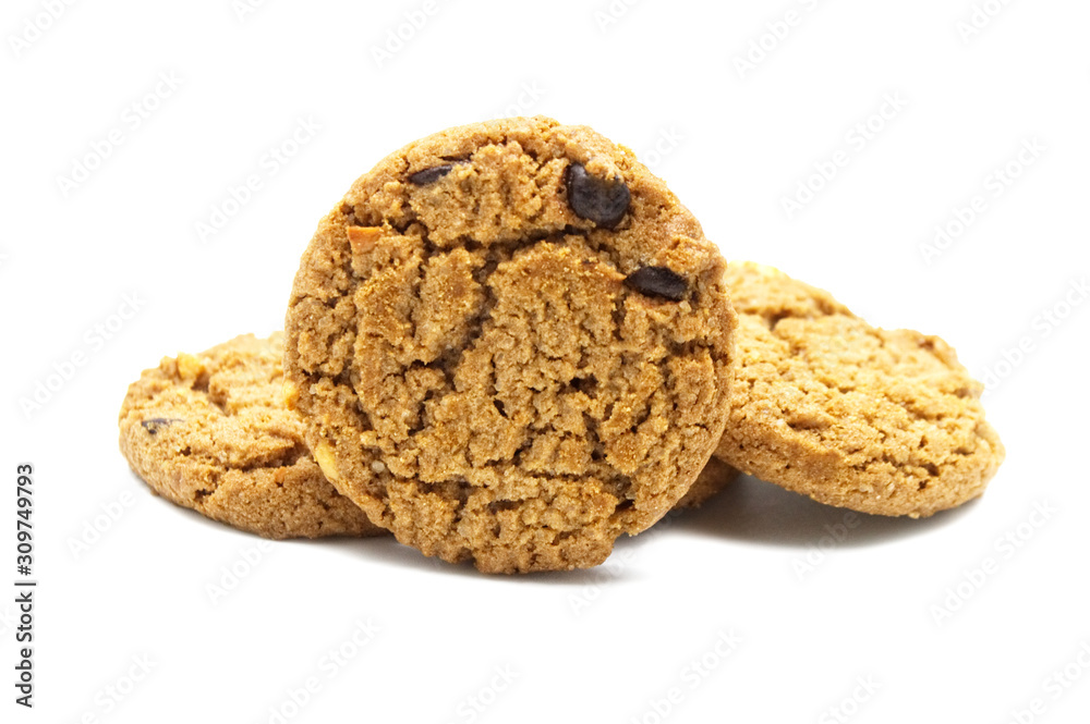 Biscuit with chocolate chip butter,Cashew nut and honey flavored. A stack of crunchy delicious sweet meal and useful cookie. Isolated on white background. Biscuit with chocolate chip butter,Cashew nut and honey flavored. A stack of crunchy delicious sweet meal and useful cookie. Isolated on white background.