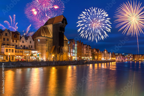 New year celebrate fireworks over Old Town of Gdansk. Poland, Europe