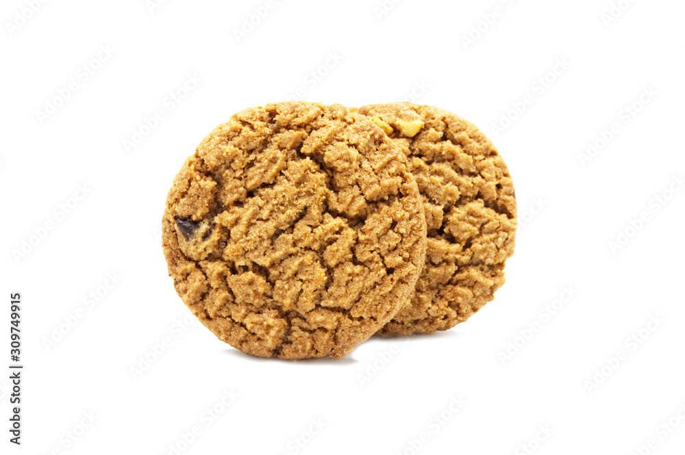 Biscuit with chocolate chip butter,Cashew nut and honey flavored. A stack of crunchy delicious sweet meal and useful cookie. Isolated on white background. Biscuit with chocolate chip butter,Cashew nut and honey flavored. A stack of crunchy delicious sweet meal and useful cookie. Isolated on white background.