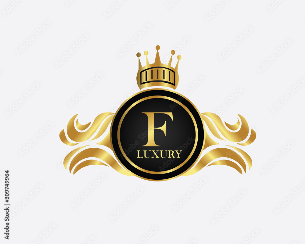 Golden Circle Luxury Letter F logo. Elegant Luxury Logo template in vector for Restaurant, Royalty, Boutique, Cafe, Hotel, wedding, Jewelry, Fashion , emblem, label vector illustration with golden col Golden Circle Luxury Letter F logo. Elegant Luxury Logo template in vector for Restaurant, Royalty, Boutique, Cafe, Hotel, wedding, Jewelry, Fashion , emblem, label vector illustration with golden col