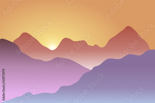 Sunrise view over the layer of mountains.