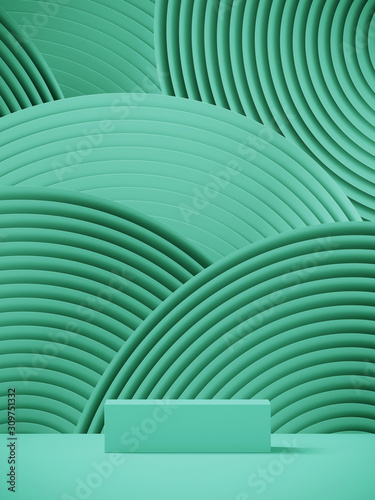 Fototapeta Naklejka Na Ścianę i Meble -  Cosmetic background for product presentation. Podium on green color circular geometry pattern . 3d rendering illustration.