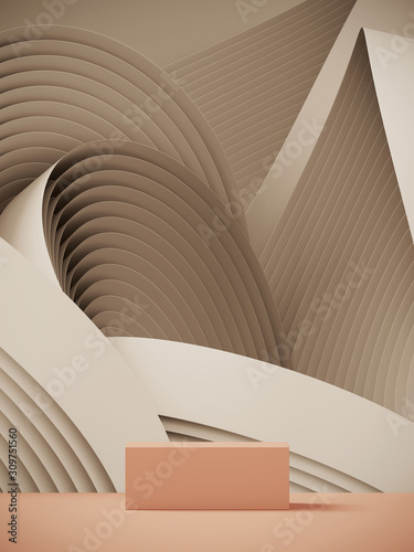 Fototapeta Naklejka Na Ścianę i Meble -  Cosmetic background for product presentation. Orange podium on tan color circular geometry pattern . 3d rendering illustration.