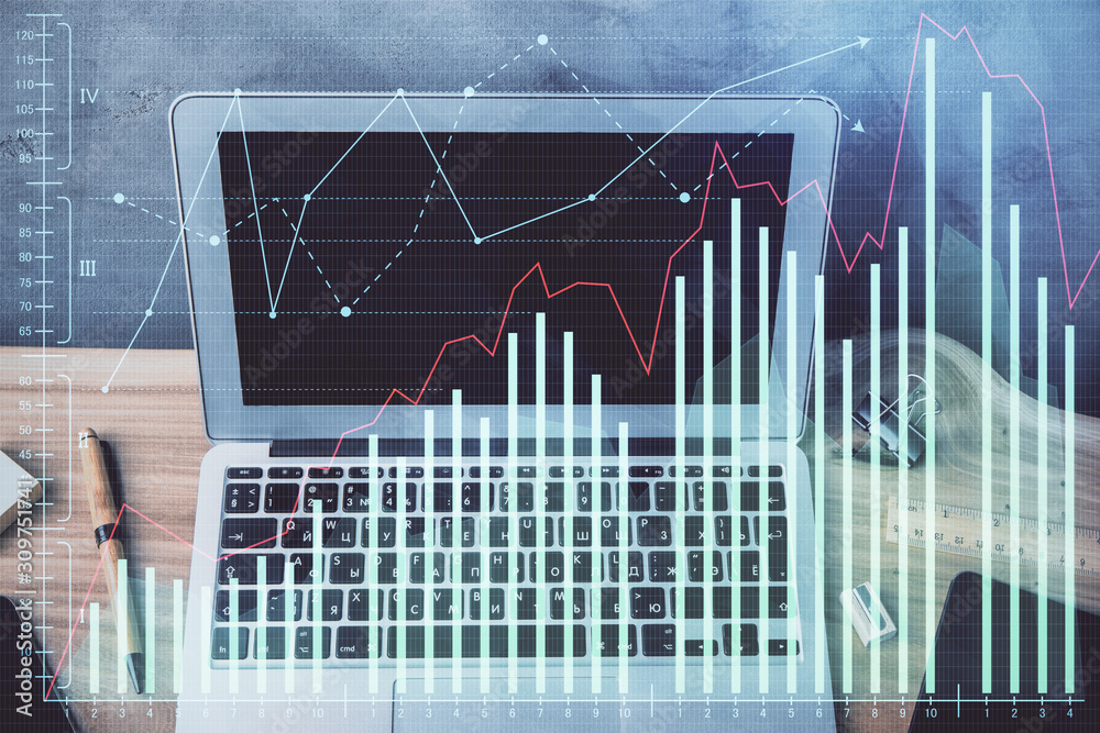 Double exposure of forex graph and work space with computer. Concept of international online trading. Double exposure of forex graph and work space with computer. Concept of international online trading.