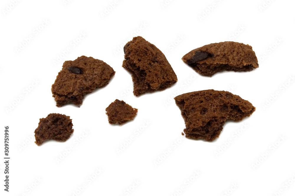 Biscuit with chocolate chip flavored. Some broken and crumbs of crunchy delicious sweet meal and useful cookie. Isolated on white background. Biscuit with chocolate chip flavored. Some broken and crumbs of crunchy delicious sweet meal and useful cookie. Isolated on white background.