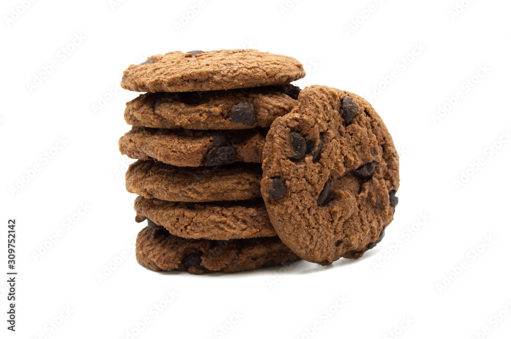 Biscuit with chocolate chip flavored. A stack of crunchy delicious sweet meal and useful cookie. Isolated on white background.