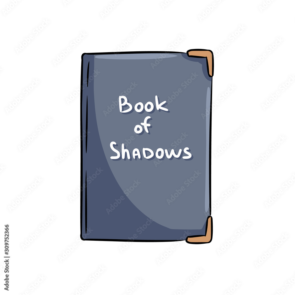 Book of Shadows witchcraft notebook. Wiccan magical personal witch coven diary. Cute cartoon notebook doodle image. Media highlights graphic symbol