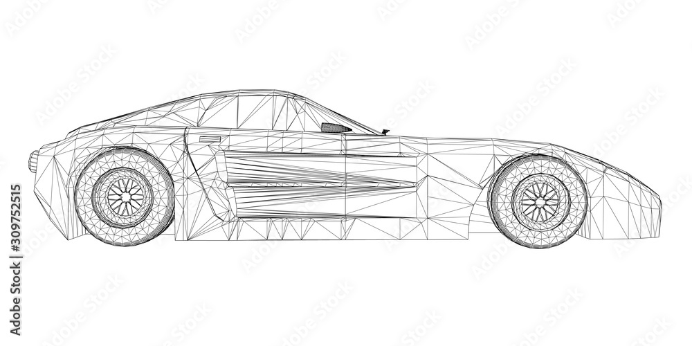 Wireframe of a sports car Isolated on a white background. Side view ...