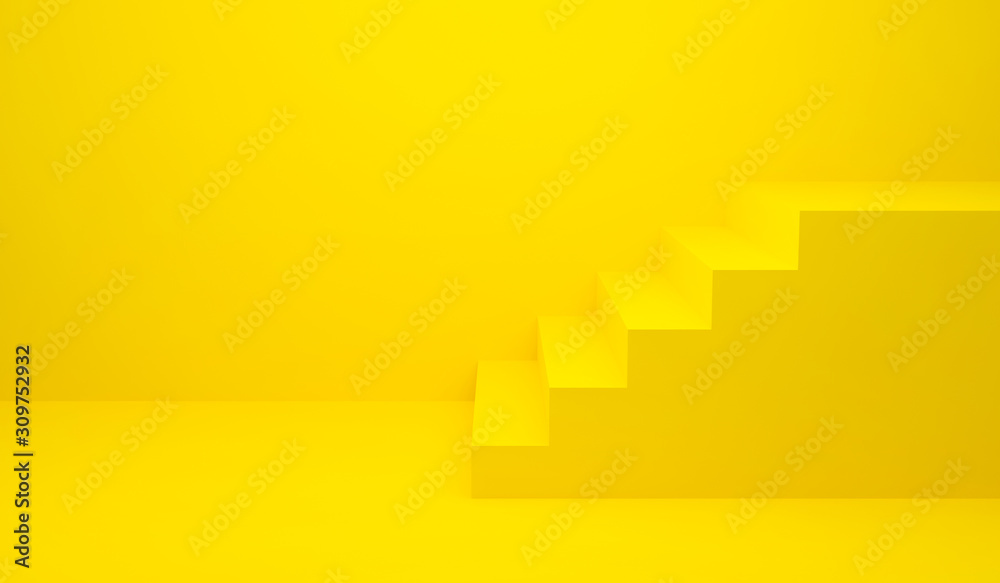 Yellow stairs up and wall background for banner and product presentation. 3D Rendering design. Side view of stairway geometrical abstract. Staircase interior in modern. Minimal scene idea concept. - obrazy, fototapety, plakaty 