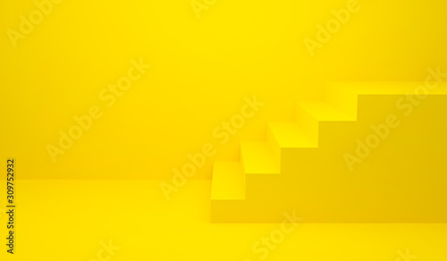 Yellow stairs up and wall background for banner and product presentation. 3D Rendering design. Side view of stairway geometrical abstract. Staircase interior in modern. Minimal scene idea concept.