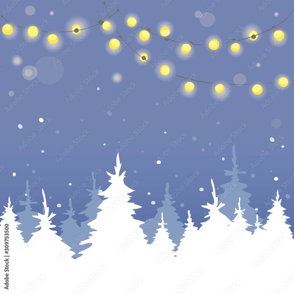 Fototapeta premium Christmas background with light bulbs and firs \ Vector illustration, winter banner. Eps 10.