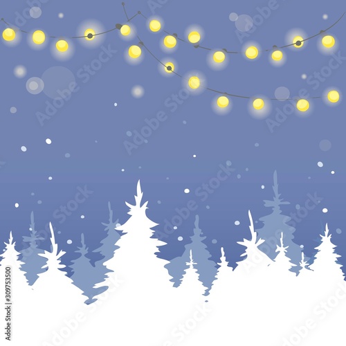 Christmas background with light bulbs and firs \ Vector illustration, winter banner. Eps 10.