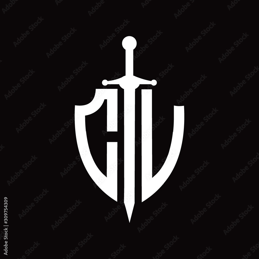 CV logo with shield shape and sword CV logo with shield shape and sword