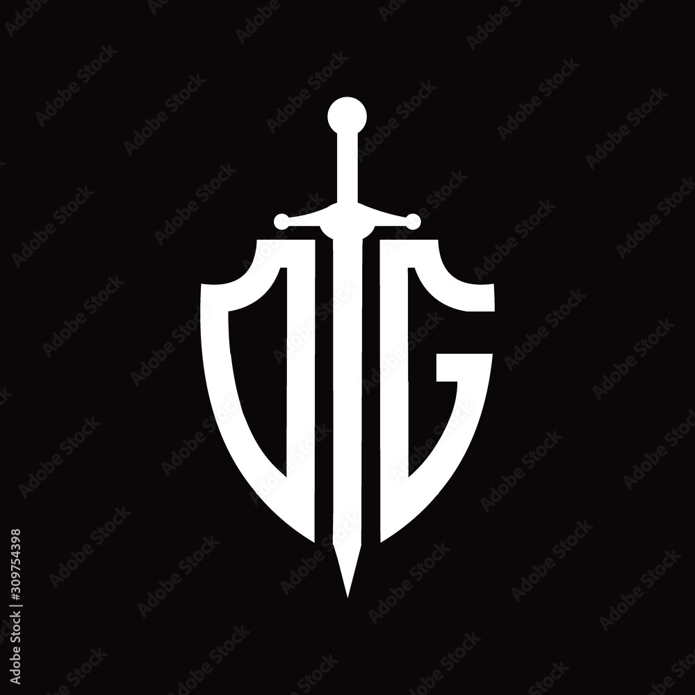 DG logo with shield shape and sword DG logo with shield shape and sword