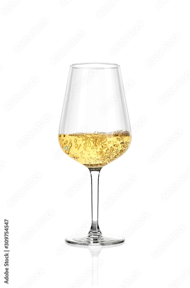 Glass of white wine isolated on white background. The wine boils in the glass.