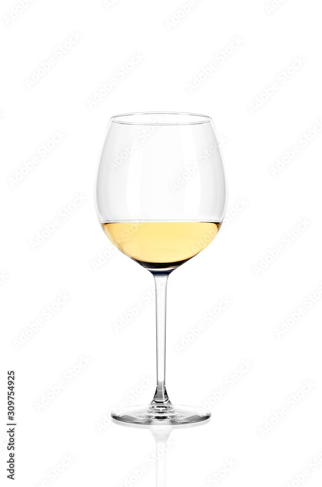 A glass of white wine half filled, isolated on a white background. A glass of white wine half filled, isolated on a white background.