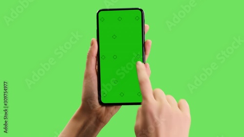 Template for cell phone screen with green and green background. The screen has track marks, right hand points once and than swipes.