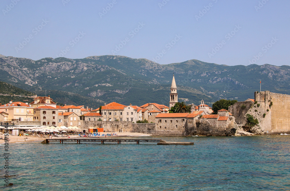 Panoramic view of the old town Budva, one of medieval cities on Adriatic sea, Montenegro