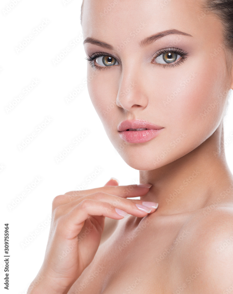 portrait of young beautiful woman with hands at face portrait of young beautiful woman with hands at face