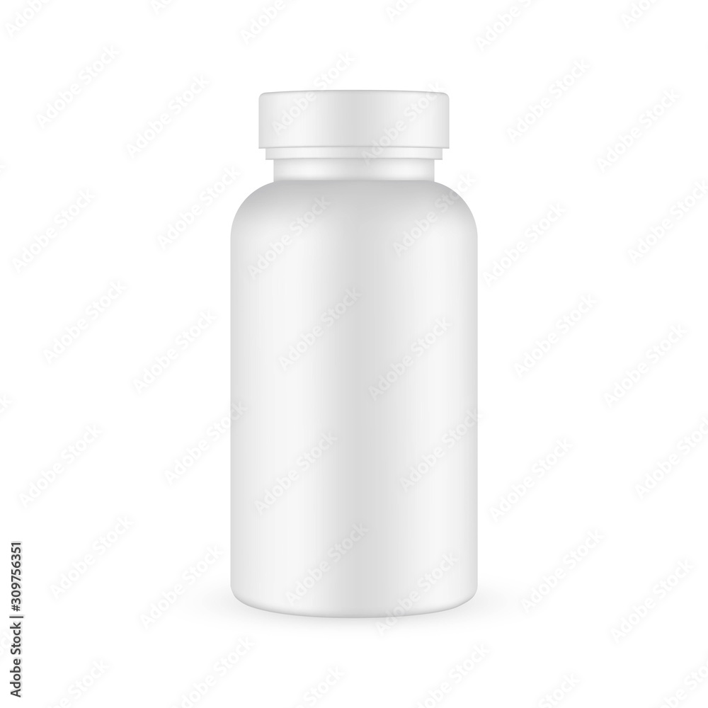 Plastic pills bottle mockup isolated on white background. Vector illustration