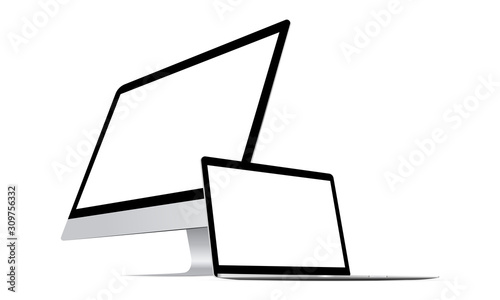 Desktop computers: PC monitor and laptop. Vector illustration
