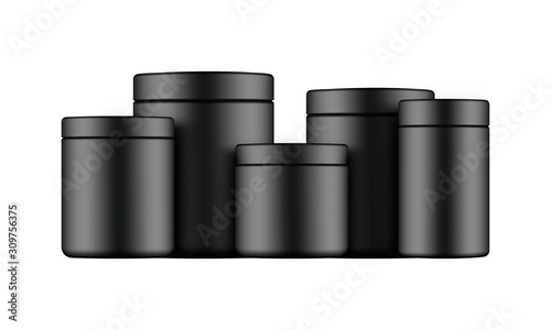 Set of plastic protein jars mockups isolated on white background. Vector illustration