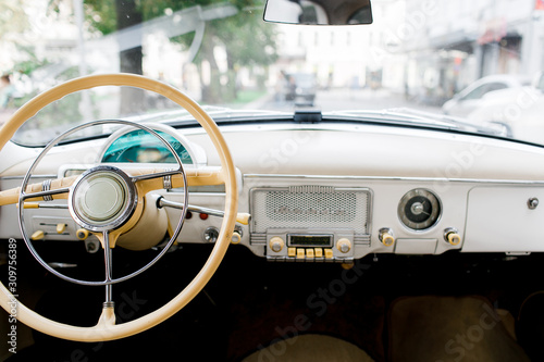 Interior of a classic vintage car. Old car