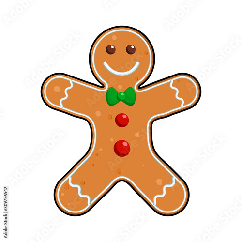 Gingerbread man Holiday cookie in shape of man, decorated colored icing , vector illustration for new year's day, christmas, winter holiday, cooking, new year's eve, isolated on white background.