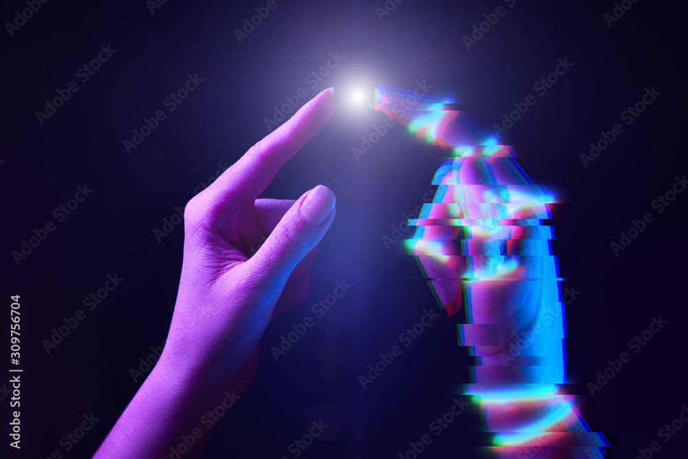 Touching fingers of engineer and digital technology that he creates. Acquaintance of man and technology.
