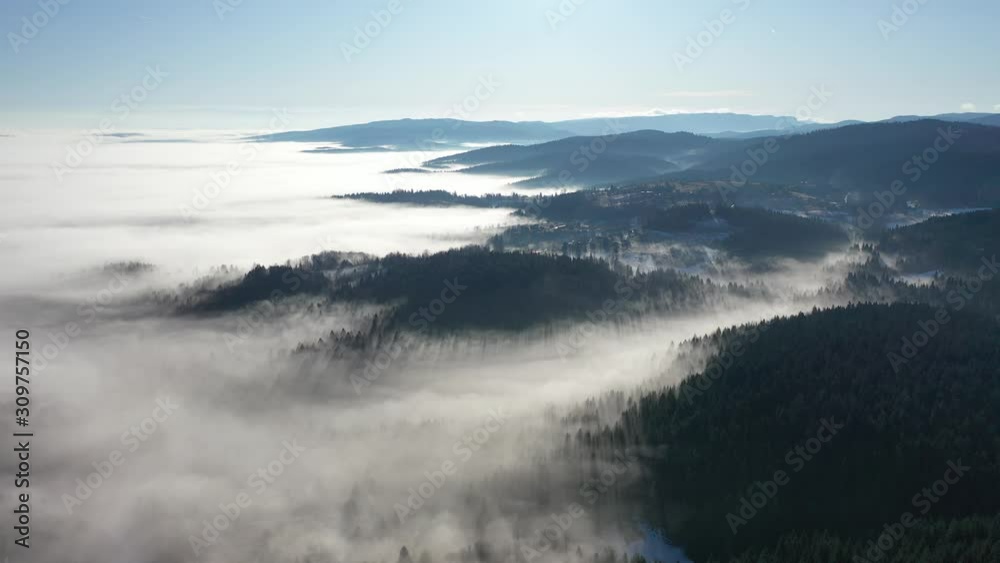 Aerial top view Flying over fog clouds air pollution concept Aerial top view Flying over fog clouds air pollution concept