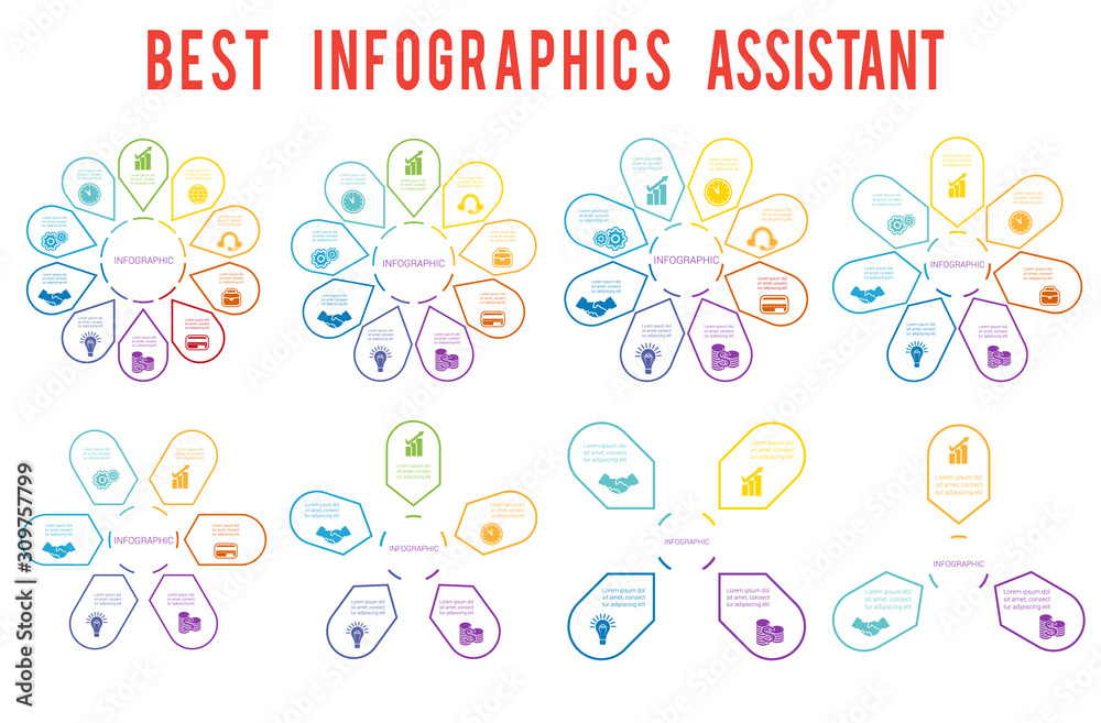 Arrows arranged in circle, pointing inside the circle. 8 Templates for infographic with text area 3,4,5,6,7,8,9,10 positions. Arrows arranged in circle, pointing inside the circle. 8 Templates for infographic with text area 3,4,5,6,7,8,9,10 positions.