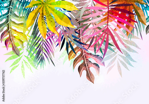 Abstract seamless tropical pattern with beautiful leaves and plants. Vector design. Jungle print. Floral background. Seamless pattern with colorful leaves and plants.