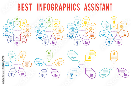Arrows arranged in circle, pointing inside the circle.  8 Templates  for infographic with text area 3,4,5,6,7,8,9,10 positions.