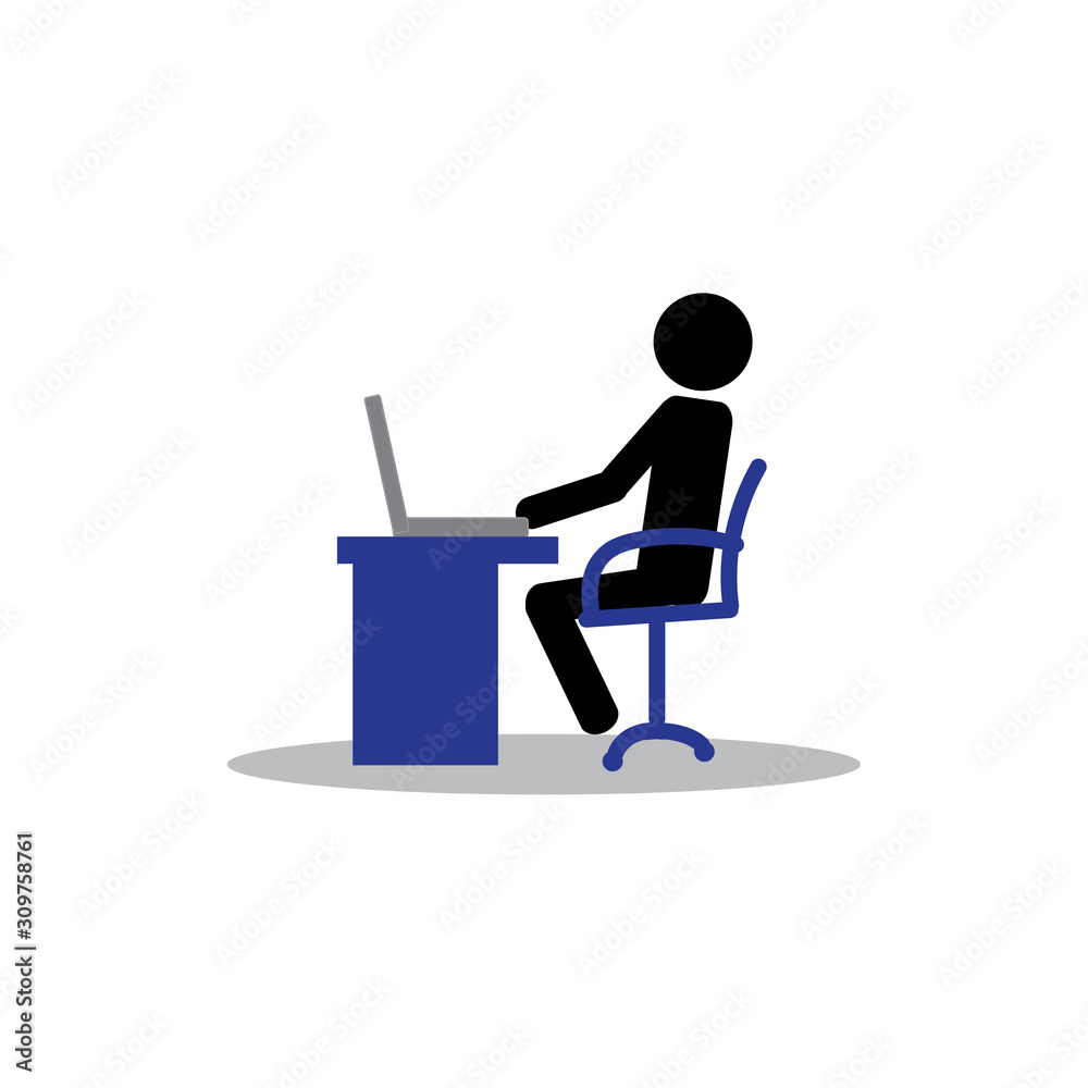 Pictogram businessman working on computer, stick man office worker.