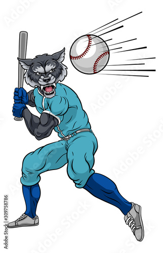 A wolf baseball player cartoon animal mascot swinging a bat at a fast ball