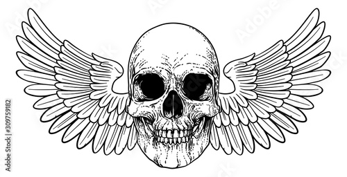 A winged skull graphic. Original illustration in a vintage engraving woodcut etching style.