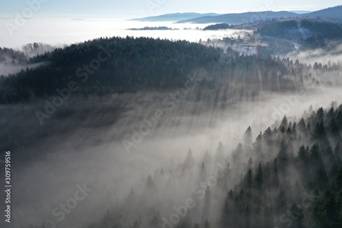 Aerial top view Flying over fog clouds air pollution concept
