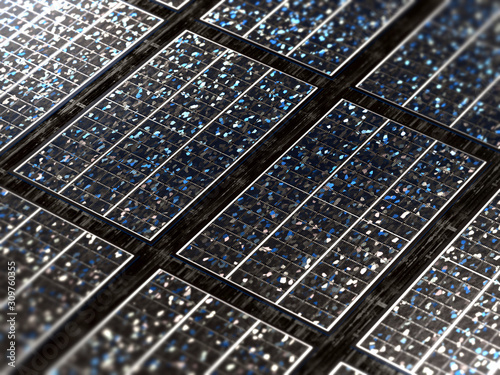 Close-up on rows of small futuristic solar cells made of the last advanced technology