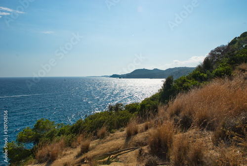 Barcelona, Spain - 18.08.2019: Rocky spanish coast and blue sea in spain